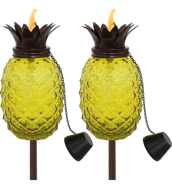 Tropical Pineapple 3-in-1 Yellow Glass Outdoor Torches - Set Of 2