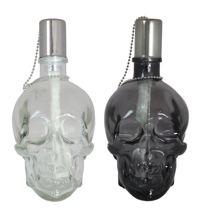 Grinning Skull Glass Tabletop Torches - Clear And Black