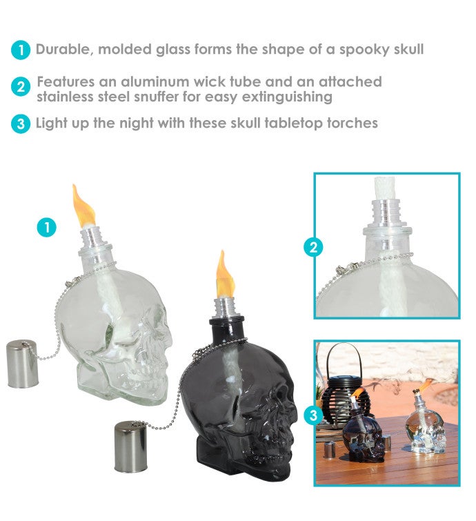 Grinning Skull Glass Tabletop Torches - Clear And Black