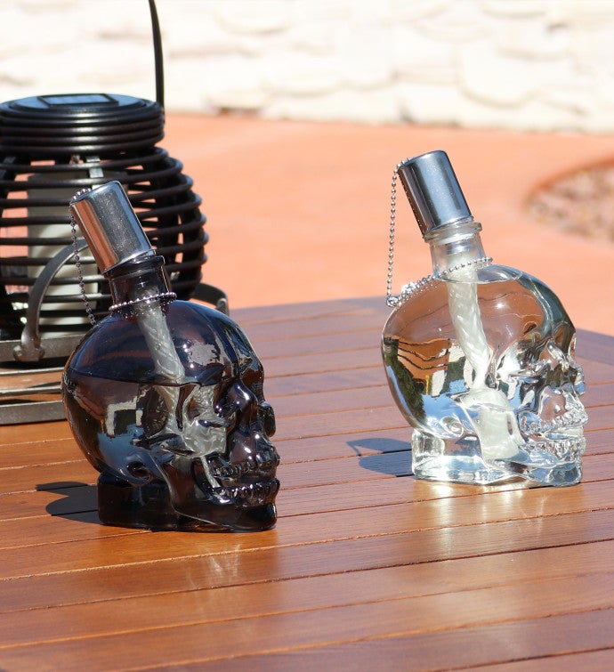 Grinning Skull Glass Tabletop Torches - Clear And Black