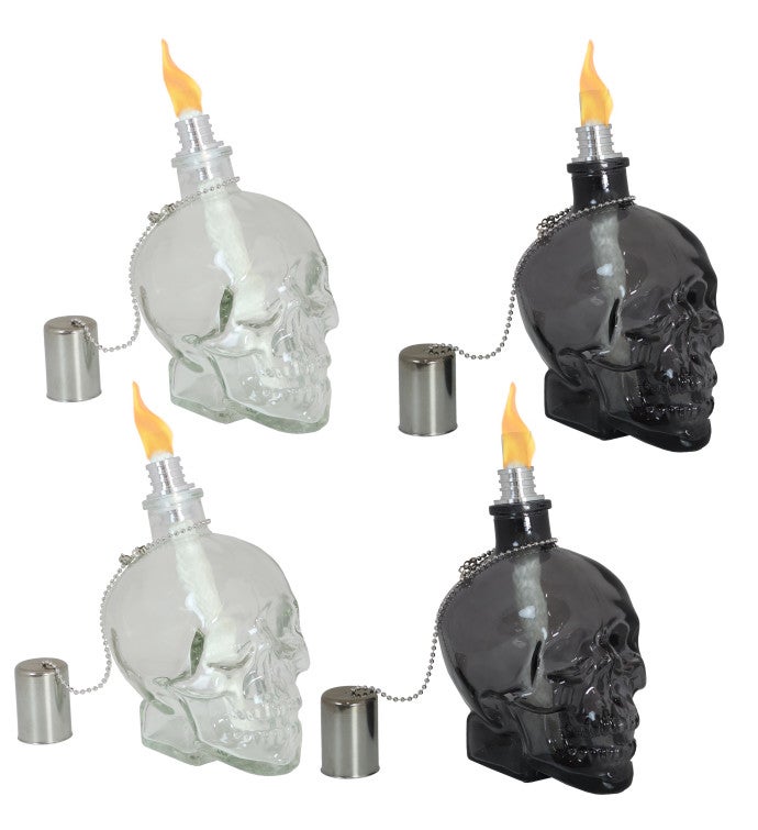 Grinning Skull Glass Tabletop Torches   Clear And Black