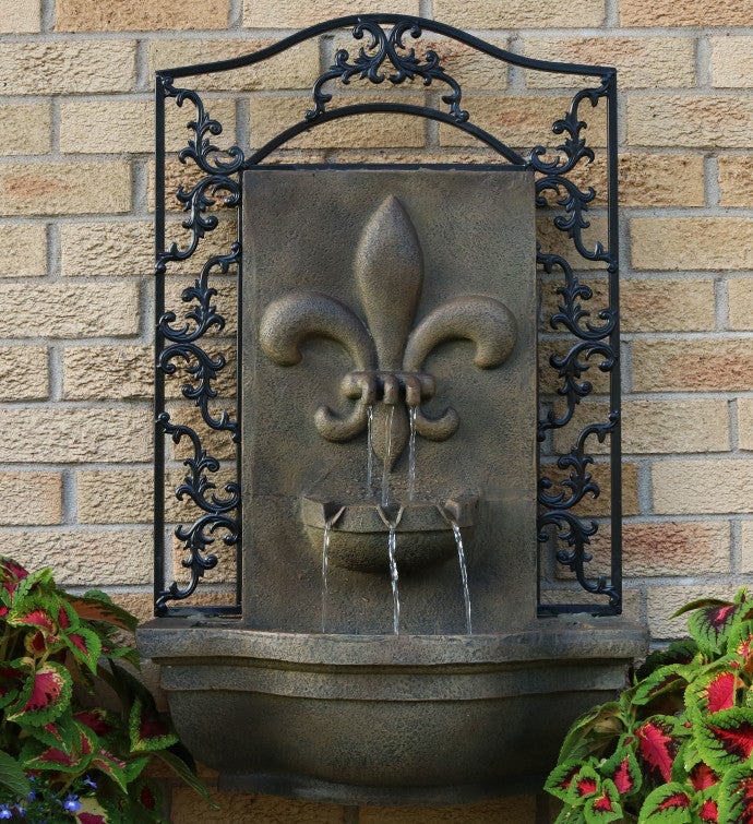 French Lily Solar With Battery Wall Fountain 33" Florentine Stone
