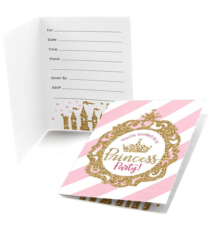 Little Princess Crown Fill In Pink & Gold Birthday Party Invitations  8 Ct