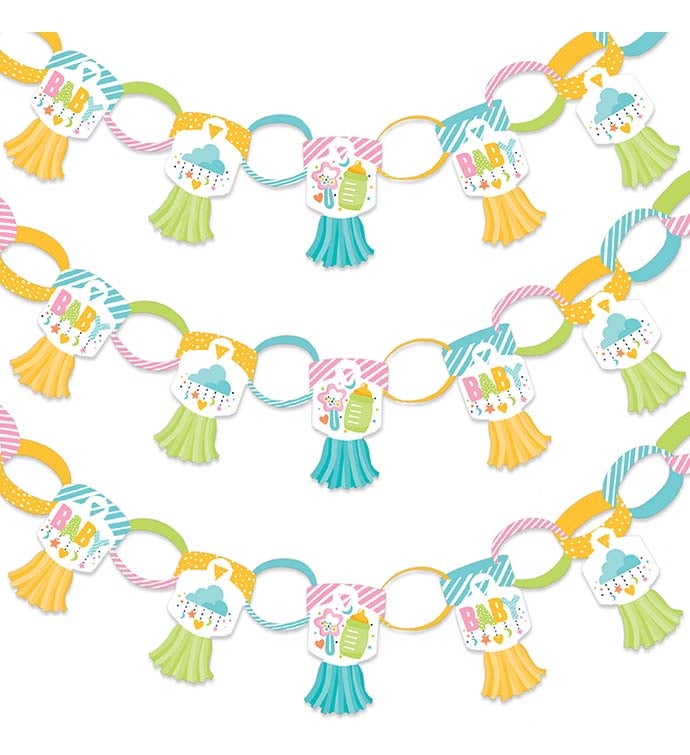Colorful Baby Shower 90 Chain Links & 30 Tassels Paper Chains Garland 21 Ft