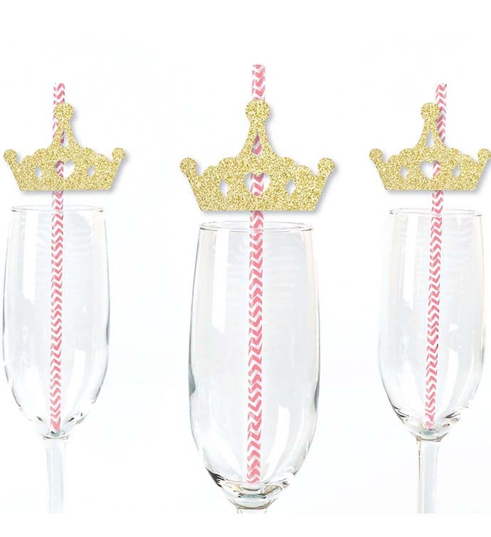 Gold Glitter Princess Party No mess Real Glitter Cut outs Paper Straws 24ct