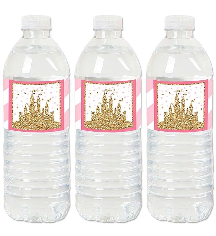 Little Princess Crown   Pink & Gold Party Water Bottle Sticker Labels 20 Ct