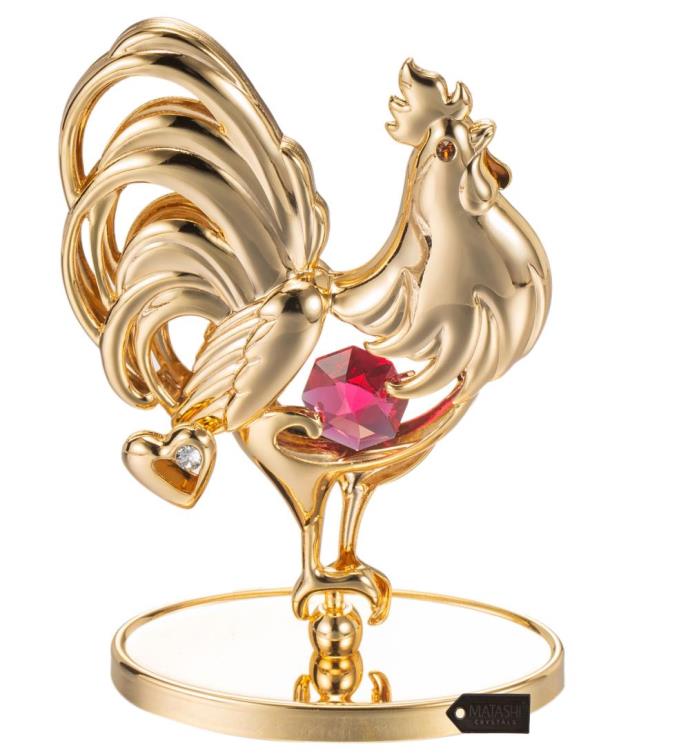 Matashi 24k Gold Plated Crystal Studded Rooster Ornament W Red Crystals