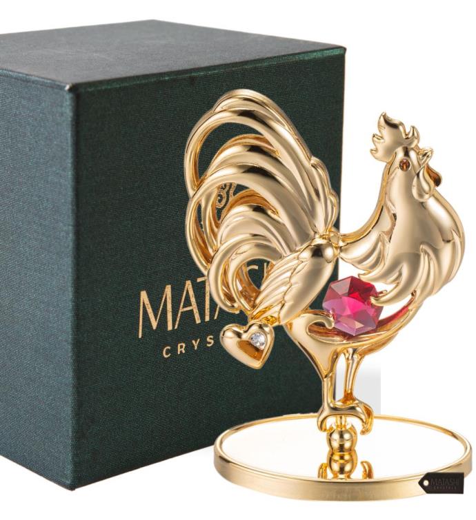 Matashi 24k Gold Plated Crystal Studded Rooster Ornament W Red Crystals