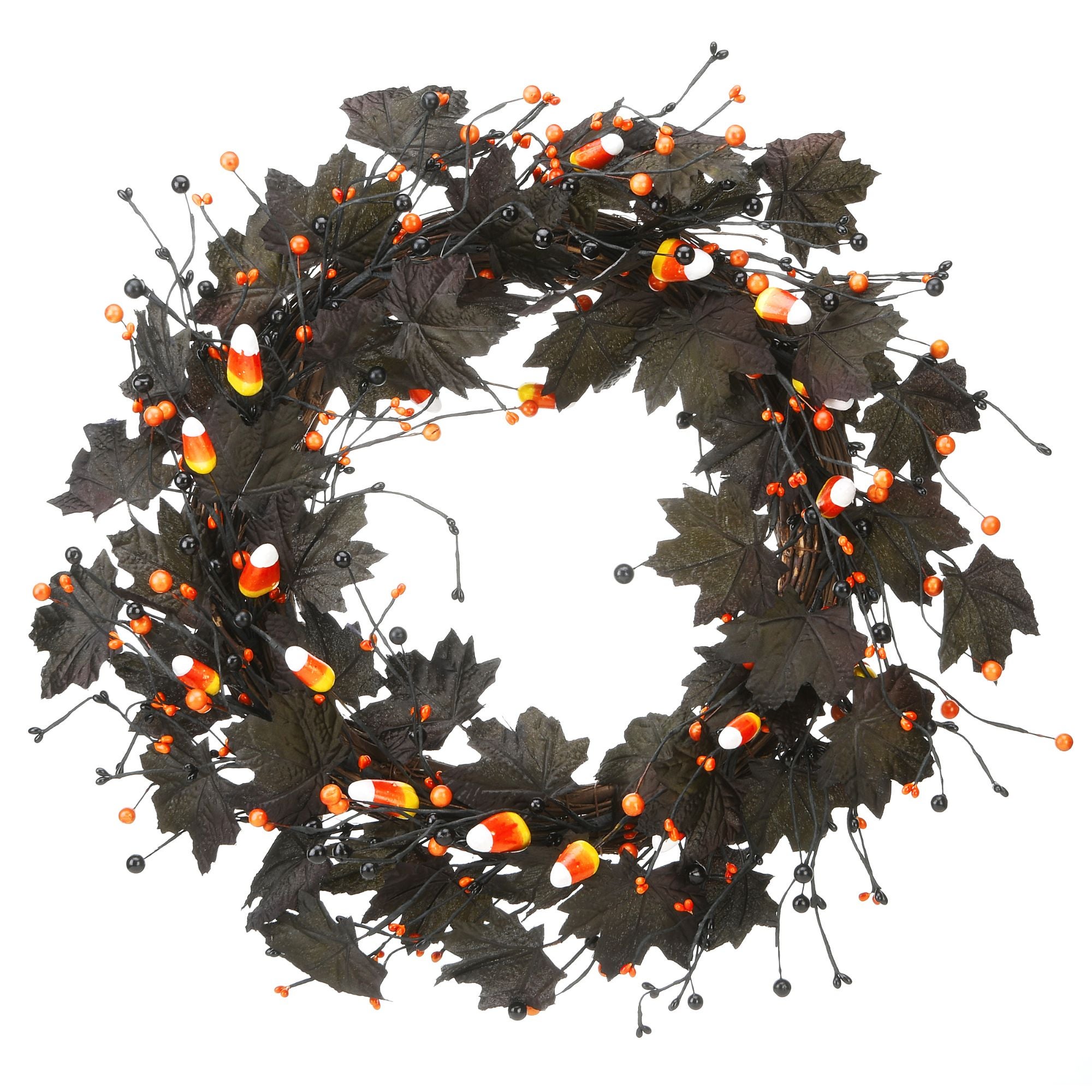 22" Black Maple Leaf And Candy Corn Halloween Wreath