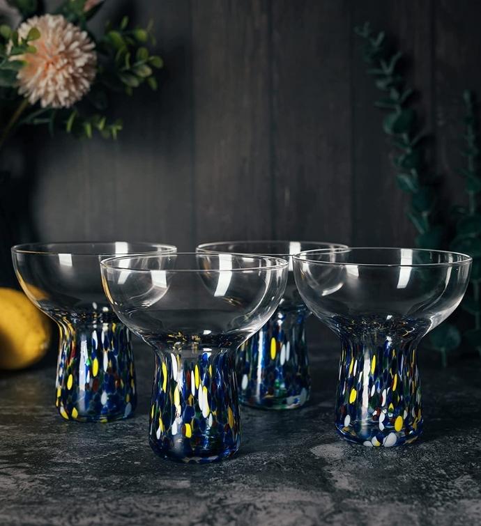 Set Of 4 Hand Blown Margarita Confetti Bottom Rock Glasses 12 Oz