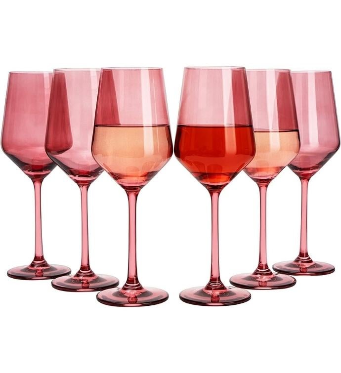 Hand Blown Italian Style Rose Colored Wine Glasses   Set Of 6