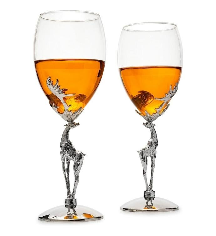 Set Of 2 Luxury Glass Stag Antler Wine Glasses 9" H, 12 Oz Capacity
