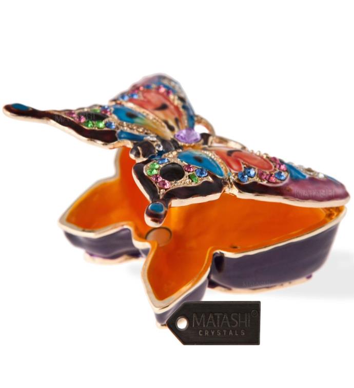 Matashi Hand Painted Butterfly In Flight Ornament/trinket Box W Crystals