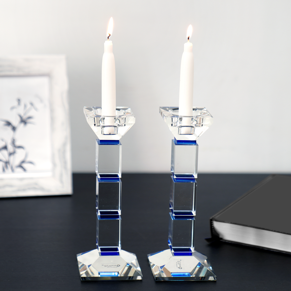 Crystal Candlesticks With Blue Square Design Set Of Two