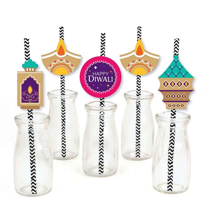 Happy Diwali   Paper Straw Decor   Festival Of Lights Striped Straws 24 Ct