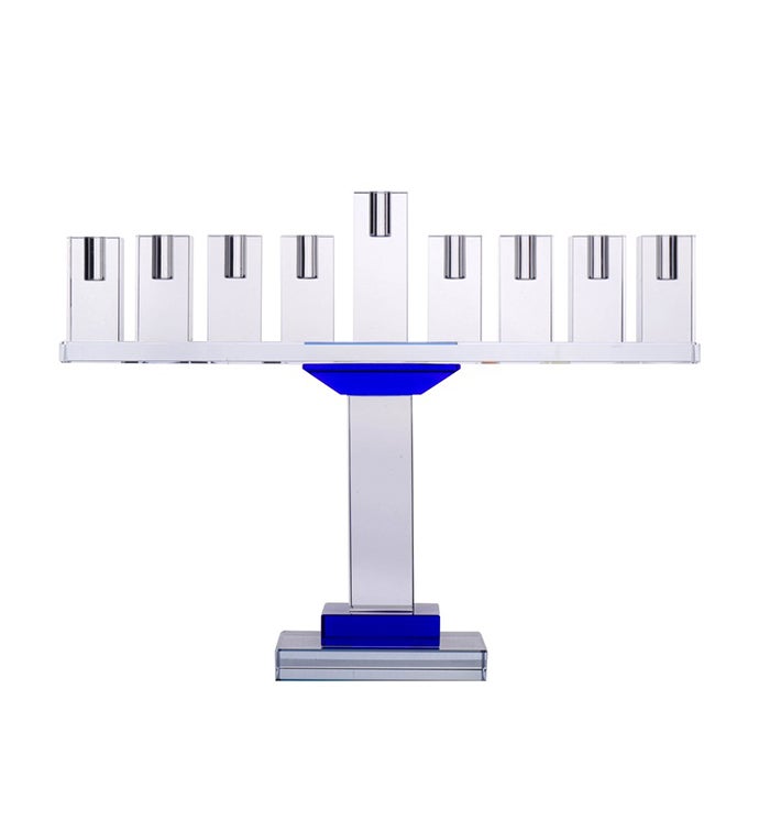 Crystal Symmetrical Designed Menorah With Blue Accent For Hanukkah Candles