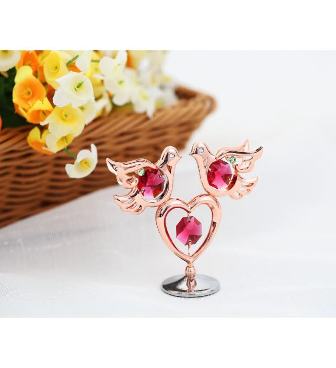 Rose Gold Plated Love Doves And Heart Table Ornament With Matashi Crystals