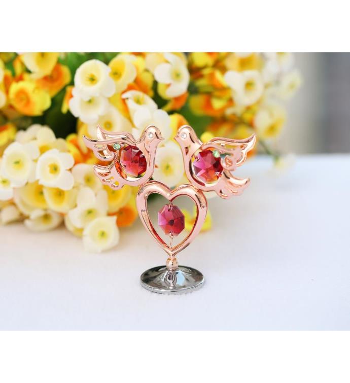 Rose Gold Plated Love Doves And Heart Table Ornament With Matashi Crystals