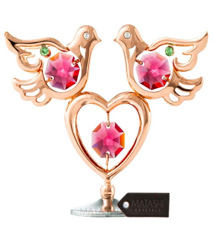 Rose Gold Plated Love Doves And Heart Table Ornament With Matashi Crystals