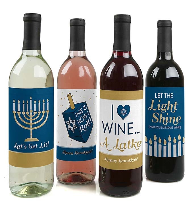 Happy Hanukkah   Chanukah Decor   Wine Bottle Label Stickers   4 Ct