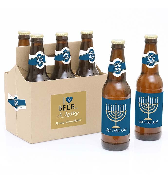 Happy Hanukkah   Chanukah Decor   6 Beer Bottle Label Stickers & 1 Carrier