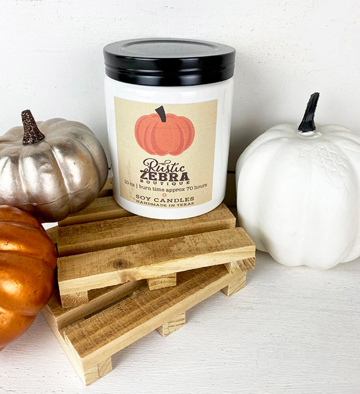 10 Oz Pumpkin Chai Candle In A Fall White Farmhouse Jar With Black Lid