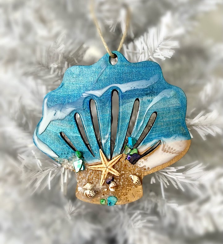 Hand painted Seashell Seascape Ornament
