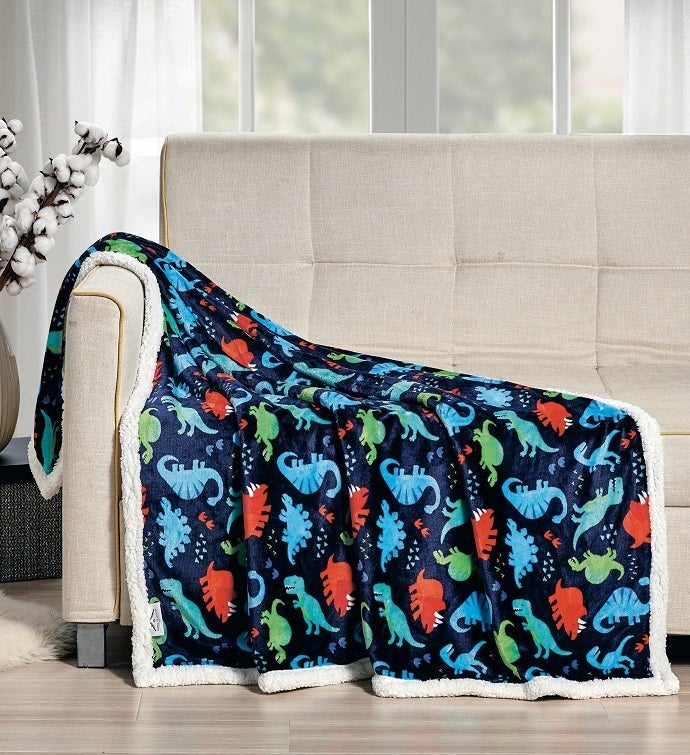 Navy Dino Sherpa Throw - 50" X 60"