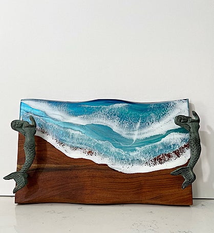 Hand-painted Seascape Charcuterie Board With Mermaid Handles