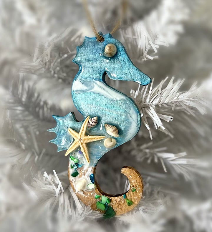Hand-Painted Seahorse Seascape Ornament