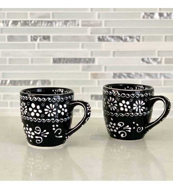 Rounded Mugs - Blue Flowers Pattern, Set of Two - Encantada