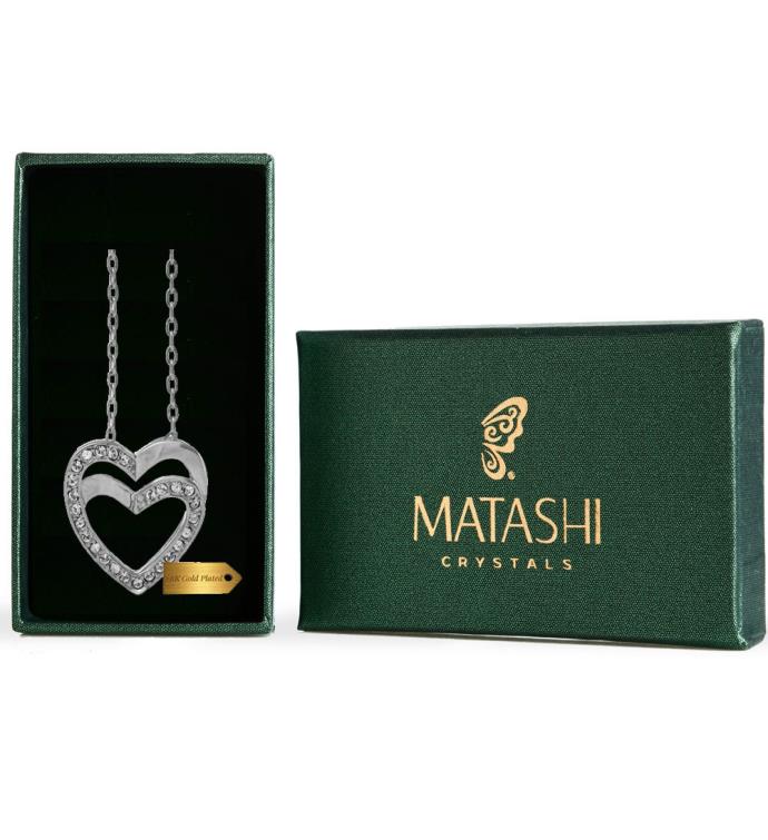 Matashi White Gold Plated Double Heart Pendant Necklace W Sparkling Crystal