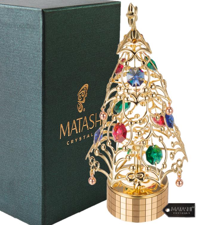 Matashi 24k Gold Plated Xmas Tree Wind-up Music Box Plays -deck The Halls