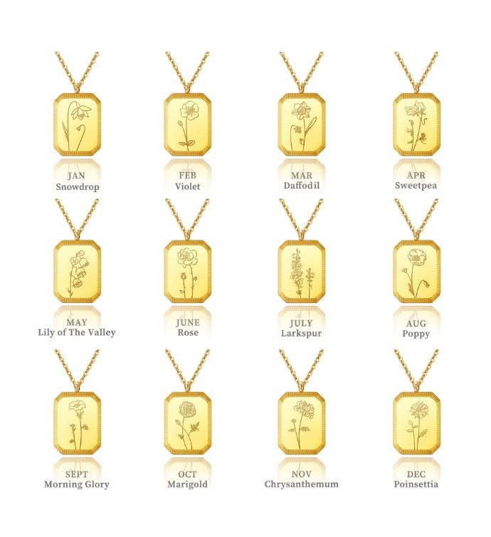 18k Gold Plated Rectangle Birth Flower Necklace