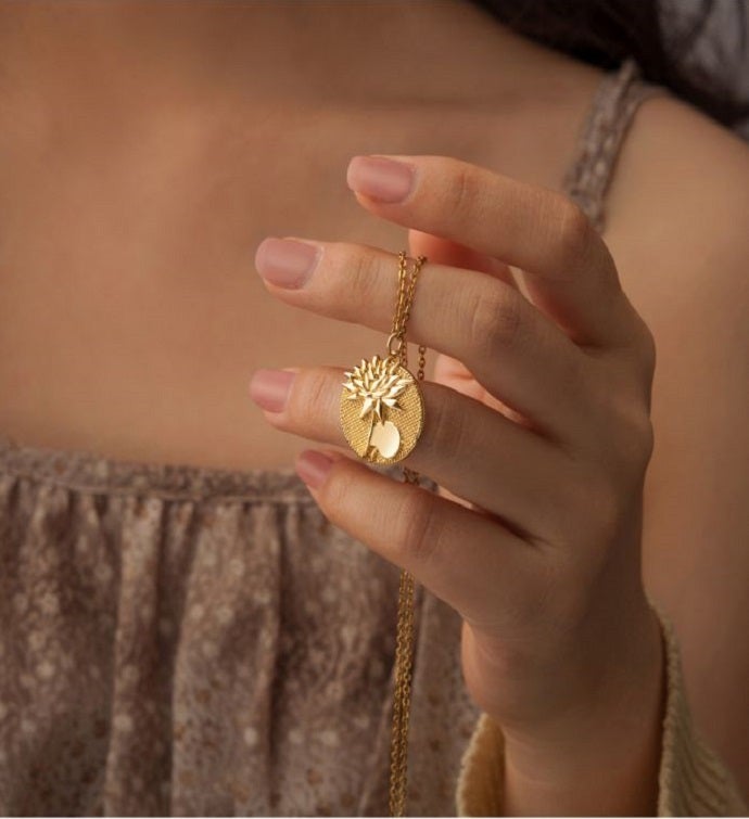 Round Embossed  Birth Flower Necklace