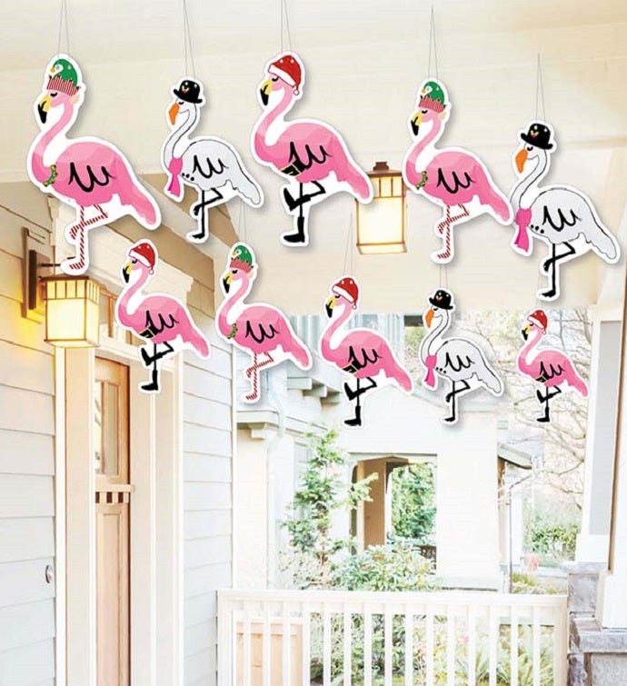 Hanging Flamingle Bells   Outdoor Christmas Porch & Tree Yard Decor   10 Pc