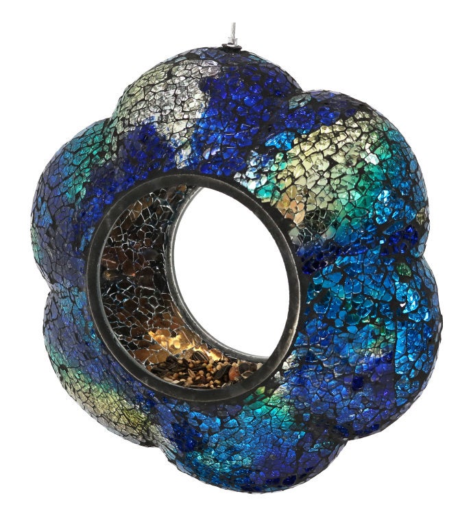 Indigo Glass Flower Hanging Bird Feeder Round Fly Through 9 Inch