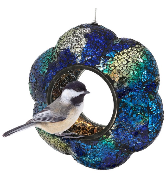 Indigo Glass Flower Hanging Bird Feeder Round Fly Through 9 Inch