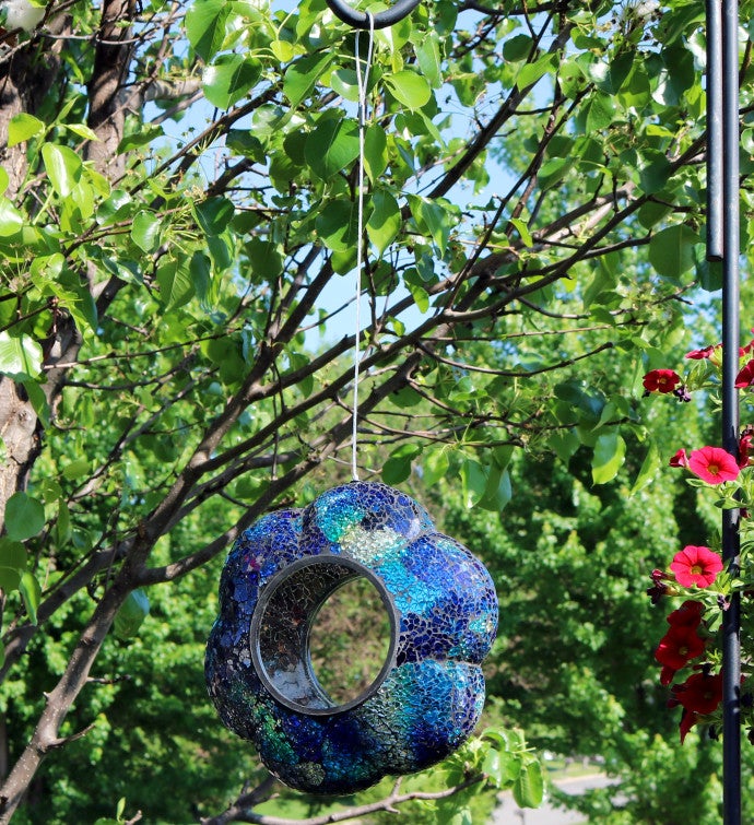 Indigo Glass Flower Hanging Bird Feeder Round Fly Through 9 Inch