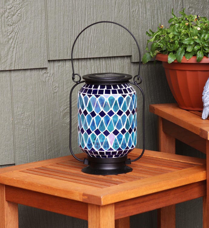 Outdoor Solar Lantern With Led Light And Cool Blue Glass Mosaic Design