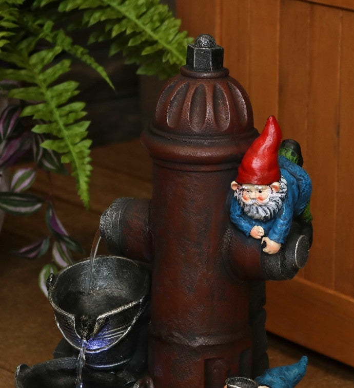 Fire Hydrant Gnomes Outdoor Water Fountain With Led Light - 16-inch