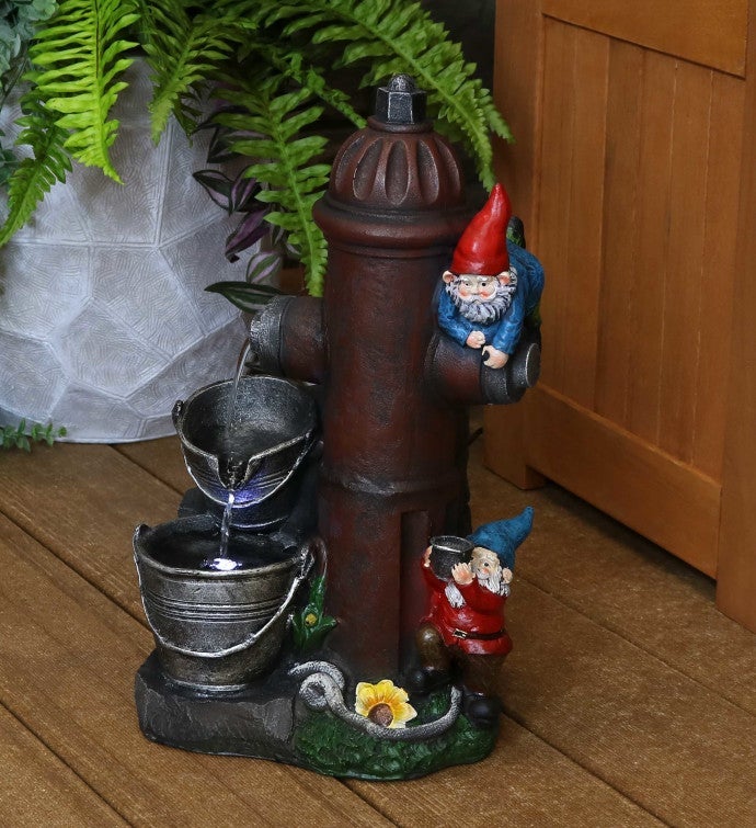 Fire Hydrant Gnomes Outdoor Water Fountain With Led Light - 16-inch