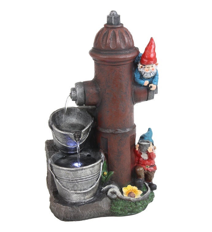 Fire Hydrant Gnomes Outdoor Water Fountain With Led Light   16 inch