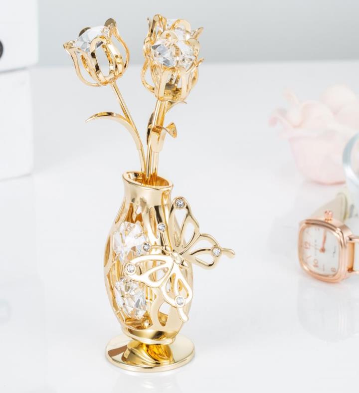 Gold Plated Crystal Studded Flower Ornament In A Vase