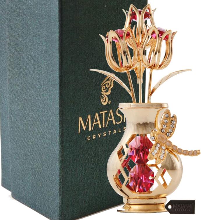 Gold Plated Crystal Studded Flower Ornament In A Vase