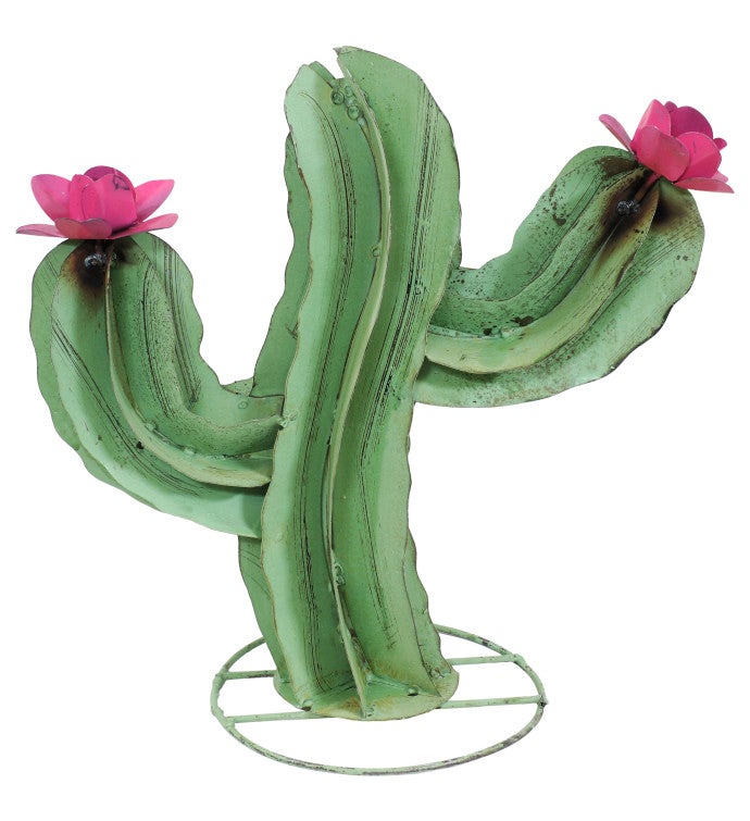 Saguaro Cactus Metal Statue With Pink Flowers