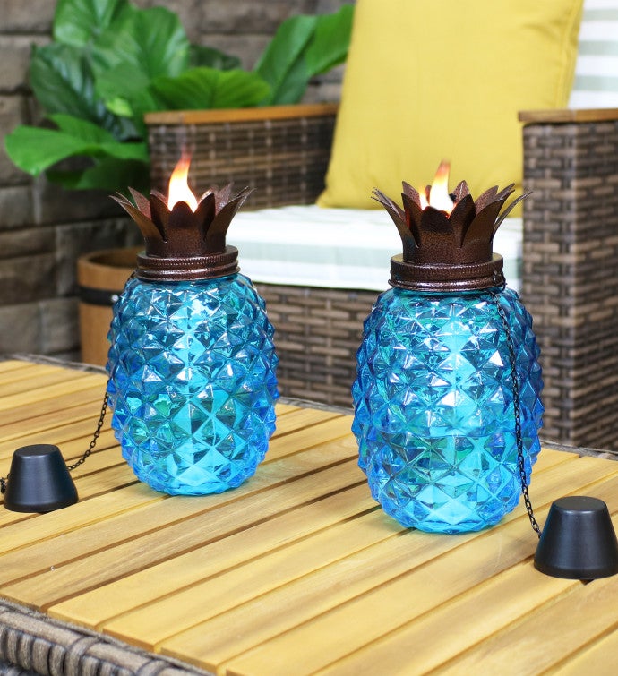 Tropical Pineapple 3-in-1 Yellow Glass Outdoor Torches - Set Of 2