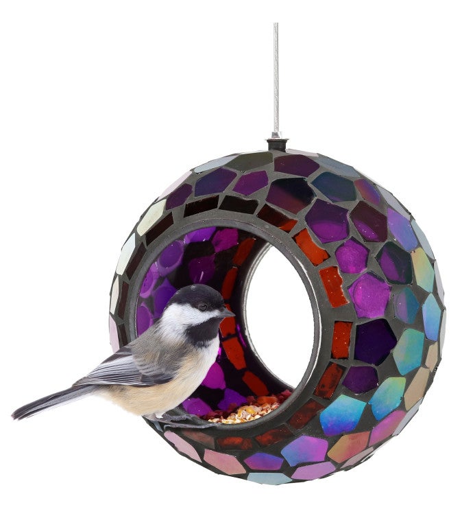 Purple Glass Mosaic Hanging Bird Feeder Round Fly Through 6 Inch