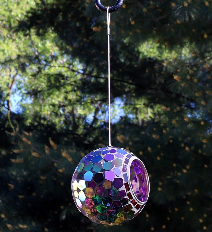 Purple Glass Mosaic Hanging Bird Feeder Round Fly Through 6 Inch