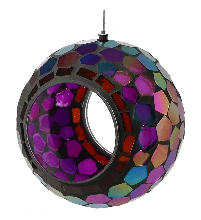 Purple Glass Mosaic Hanging Bird Feeder Round Fly Through 6 Inch